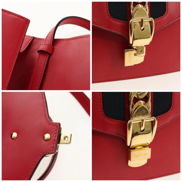 GUCCI Silvi Sherry Line Hand Bag Leather 3way Red Gold - Picture 11 of 15